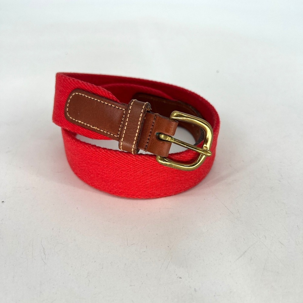 Vtg Dooney & Bourke At Ease Belt Womens 26 Red Canvas Brown‎ Leather Solid Brass